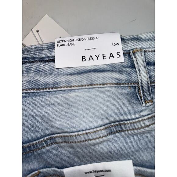 Bayeas Ultra High Rise Distressed Flare Jeans Light Wash Women’s 30W NWT Retro - Picture 11 of 11